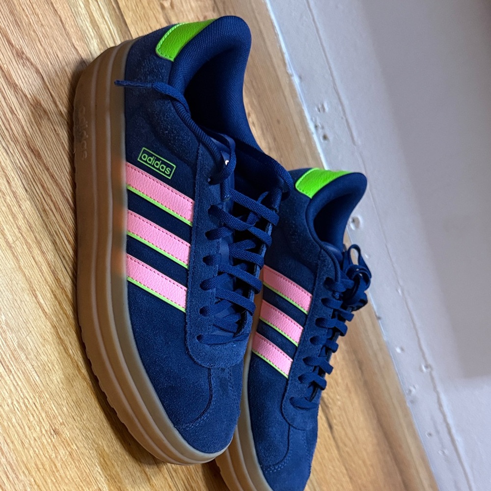 Adidas Navy Sneakers with Pink and Neon Green Accents